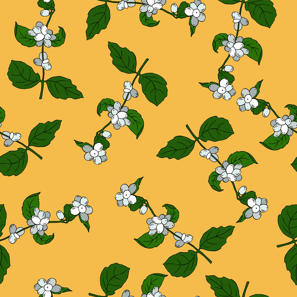 Patrón sin costuras con ramas con bayas blancas y hojas verdes sobre fondo amarillo. Ilustración vectorial dibujada a mano
. - Vector, imagen