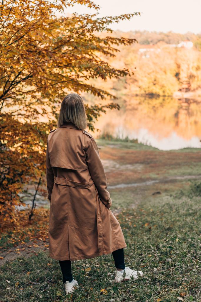 Vista posteriore della donna in piedi e guardando il lago nella foresta autunnale
  - Foto, immagini