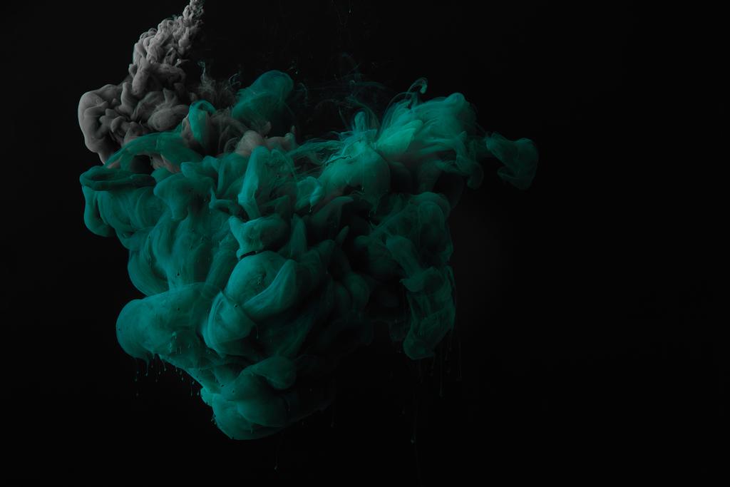 Αφηρημένο σκοτεινό φόντο με πράσινα και γκρίζα παφλασμούς του μελανιού - Φωτογραφία, εικόνα