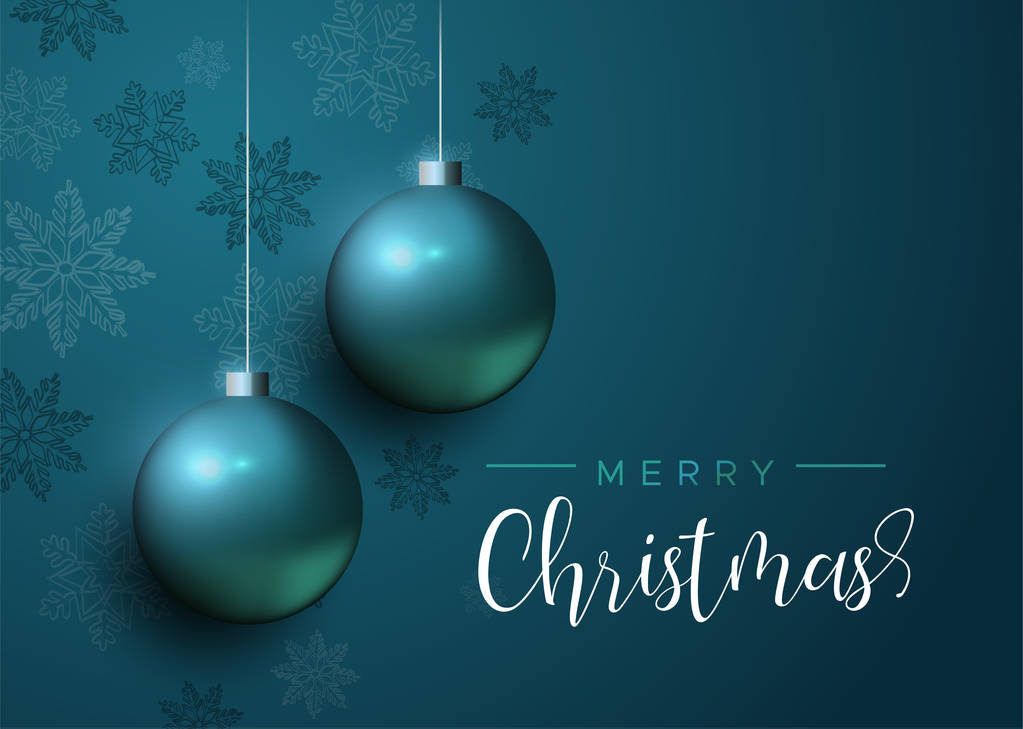 frohe Weihnachtskarte, blauer Christbaumschmuck mit Schneeflocken. Luxus-Urlaubsbälle als Hintergrund für Einladungen oder Jahreszeiten-Gruß. - Vektor, Bild
