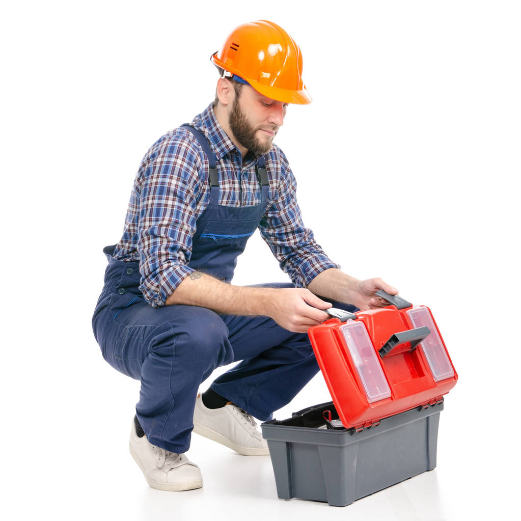 jovem homem construtor com toolbox indústria trabalhador hardhat
 - Foto, Imagem