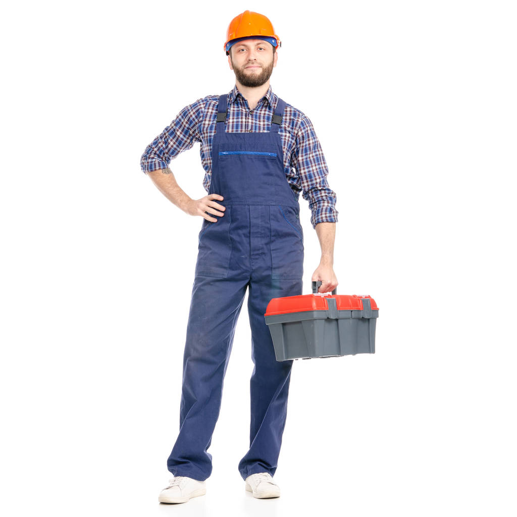Jeune homme constructeur avec boîte à outils industrie travailleur hardhat
 - Photo, image