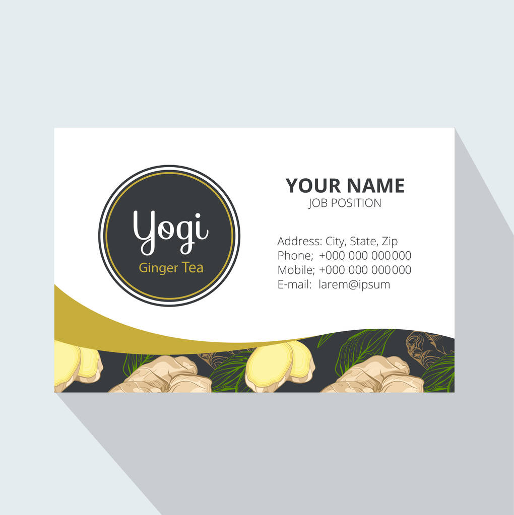 ショウガの根と葉を持つヨガ茶企業のビジネス カードです。ヨガ ジンジャー ティーのトレンディなスタイルです。茶ブランド要素のデザインの招待状、ギフト カード、チラシやパンフレット. - ベクター画像