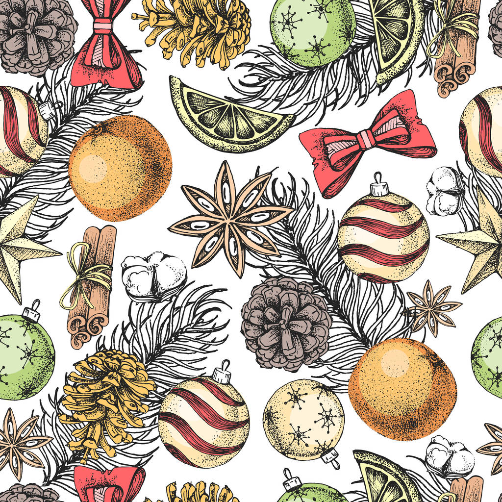 Weihnachten Urlaub Hand Zeichnung nahtlose Muster. Weihnachten Attribute Hintergrund - Vektor, Bild