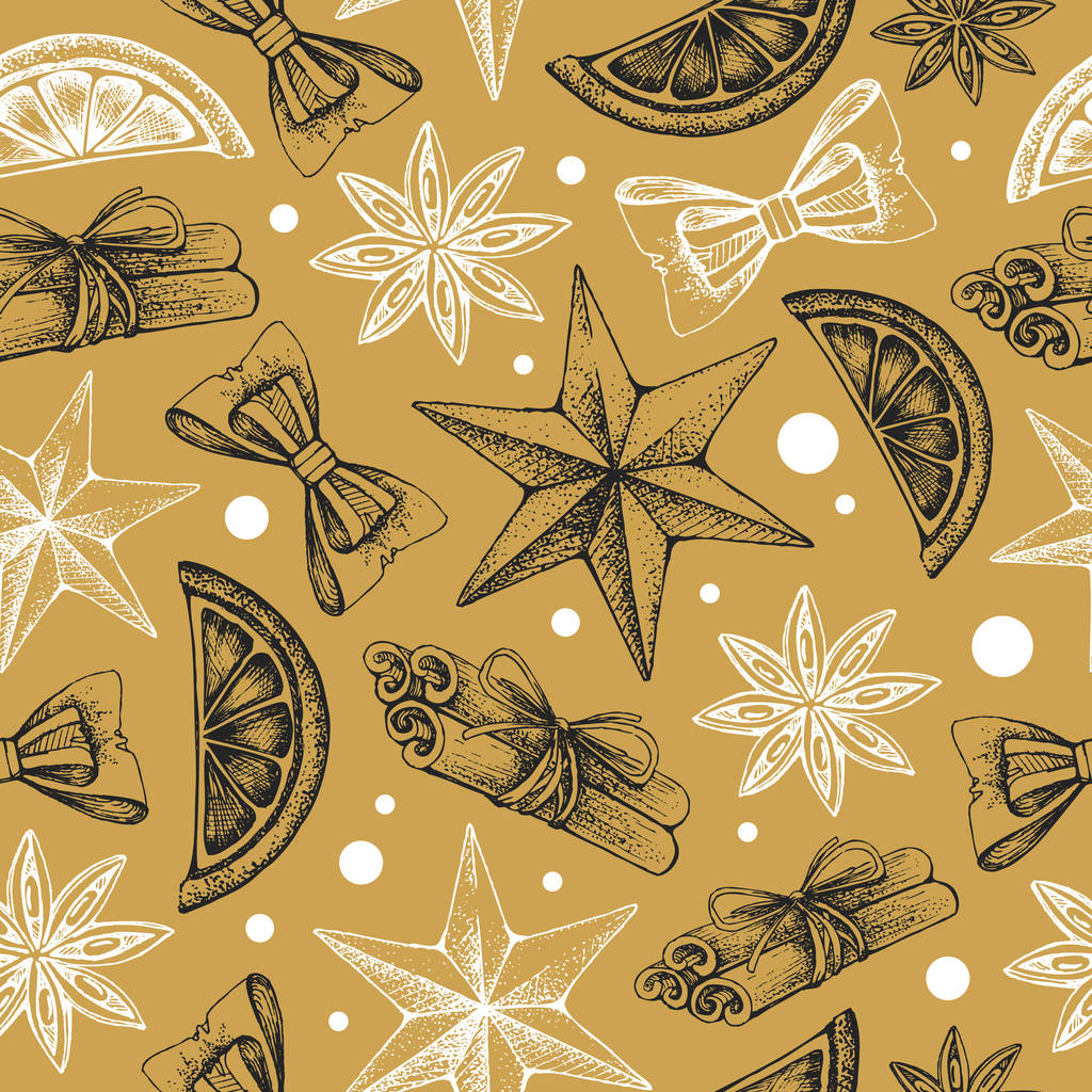 Christmas holiday hand drawing seamless pattern. Christmas attributes background - Vector, Image