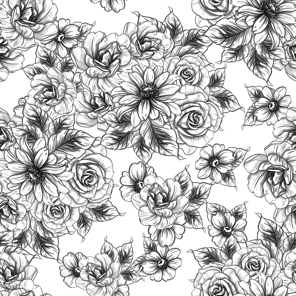Květinový vzor bezešvé vintage styl. Květinové prvky v černé a bílé. - Vektor, obrázek