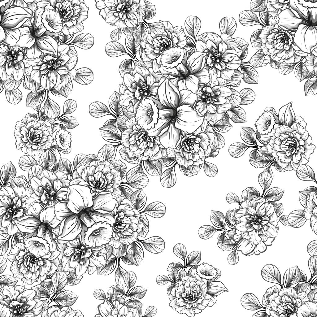 Padrão de flor estilo vintage sem costura. Elementos florais em preto e branco
. - Vetor, Imagem