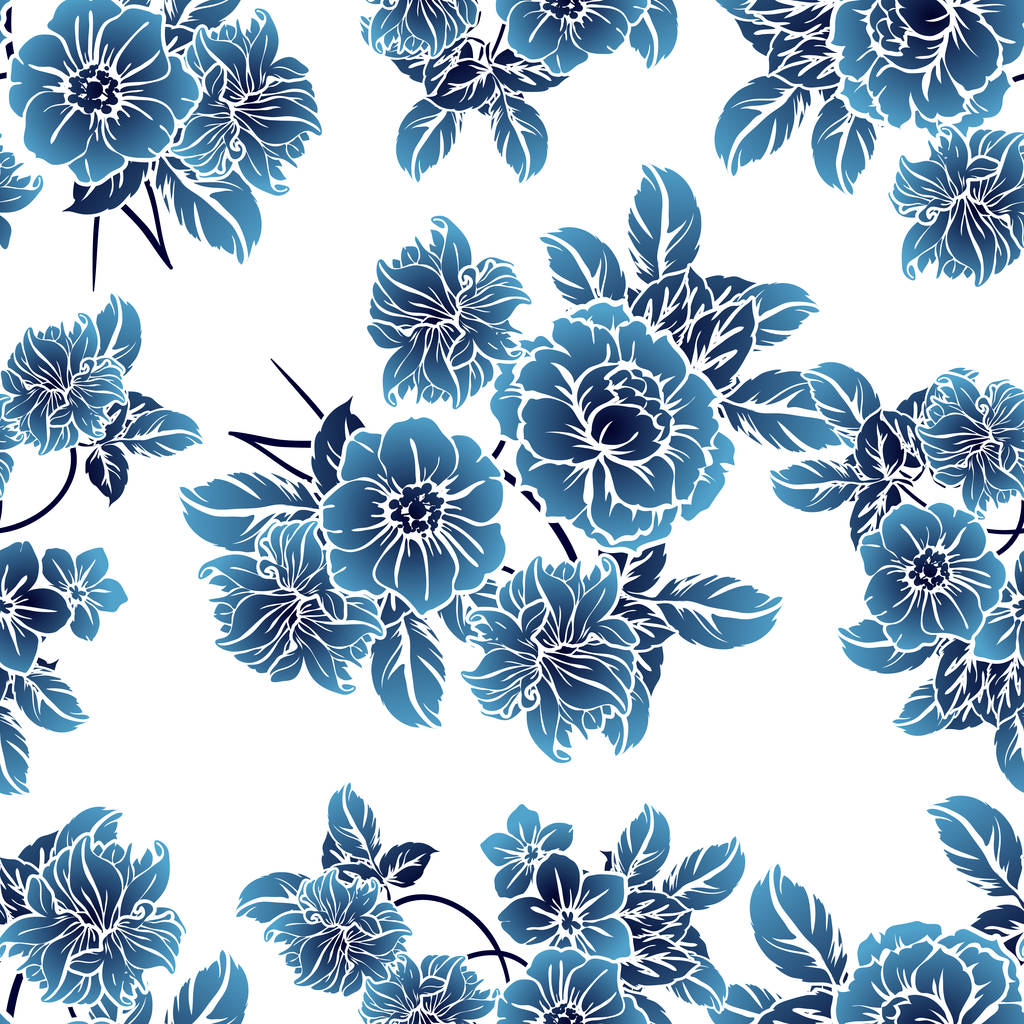 シームレスなヴィンテージスタイル白黒ブルー色の花のパターン。花の要素. - ベクター画像