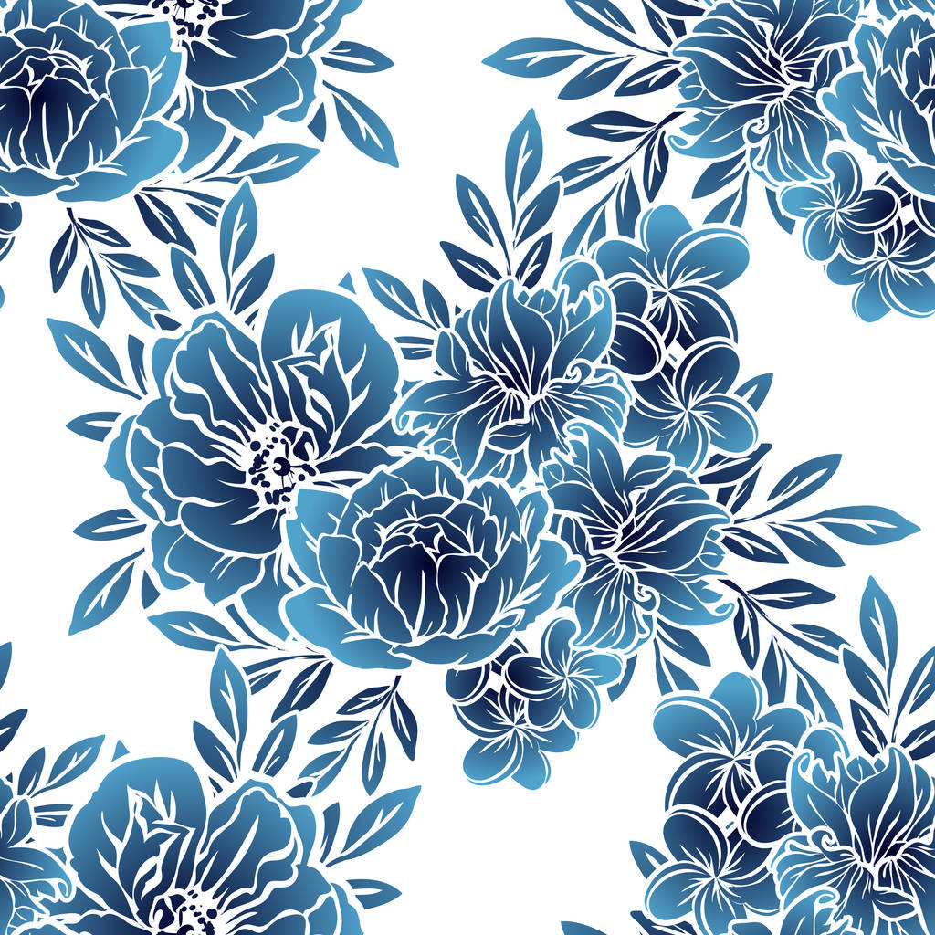 Безшовний вінтажний стиль монохромний темно-синій кольоровий квітковий візерунок. Квіткові елементи
. - Вектор, зображення