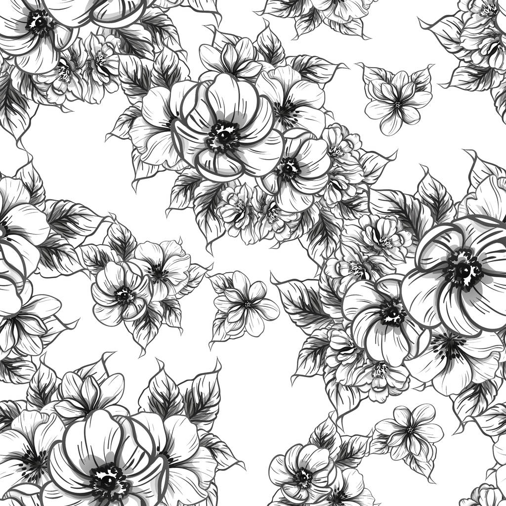 Naadloze vintage stijl bloemenpatroon. Floral elementen in zwart-wit. - Vector, afbeelding