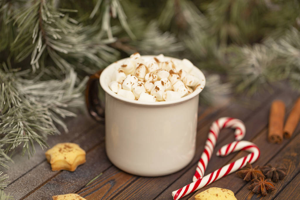 Winter hot Christmas chocolate or cocoa with marshmallow with decorations. A cup of hot chocolate with marshmallows and gingerbread on a Christmas table. - Photo, Image