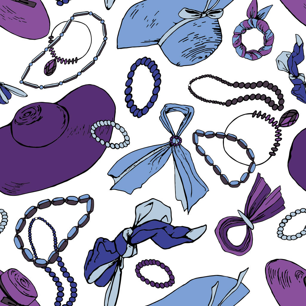 nahtloser Hintergrund aus Zubehör. farbige Frauenhüte, Armbänder, Gürtel, Gürtel, Schals, Halsketten, Perlen auf weißem Hintergrund - Vektor, Bild
