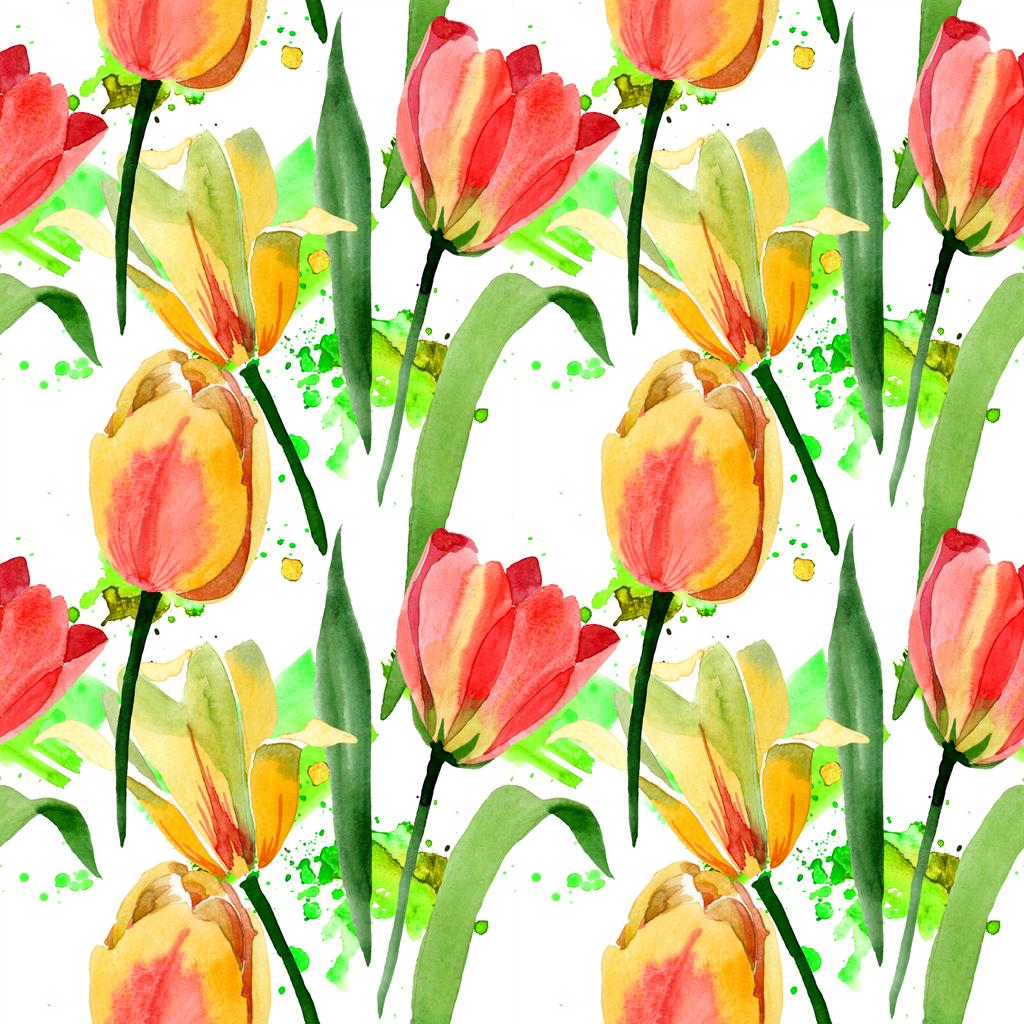 Beautiful yellow tulips with green leaves isolated on white. Watercolor background illustration. Seamless background pattern. Fabric wallpaper print texture.  - Photo, Image