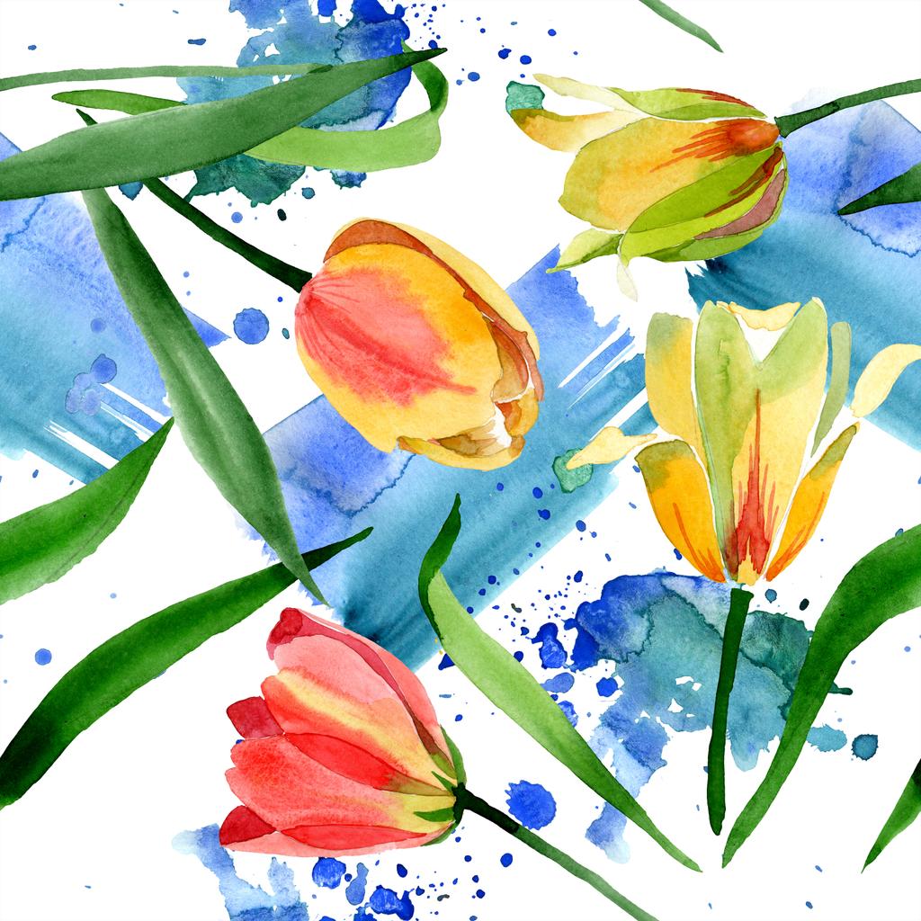 Krásné žluté tulipány se zelenými listy izolované na bílém. Ilustrace akvarel zázemí. Vzor bezešvé pozadí. Fabric tapety tisku textura.  - Fotografie, Obrázek