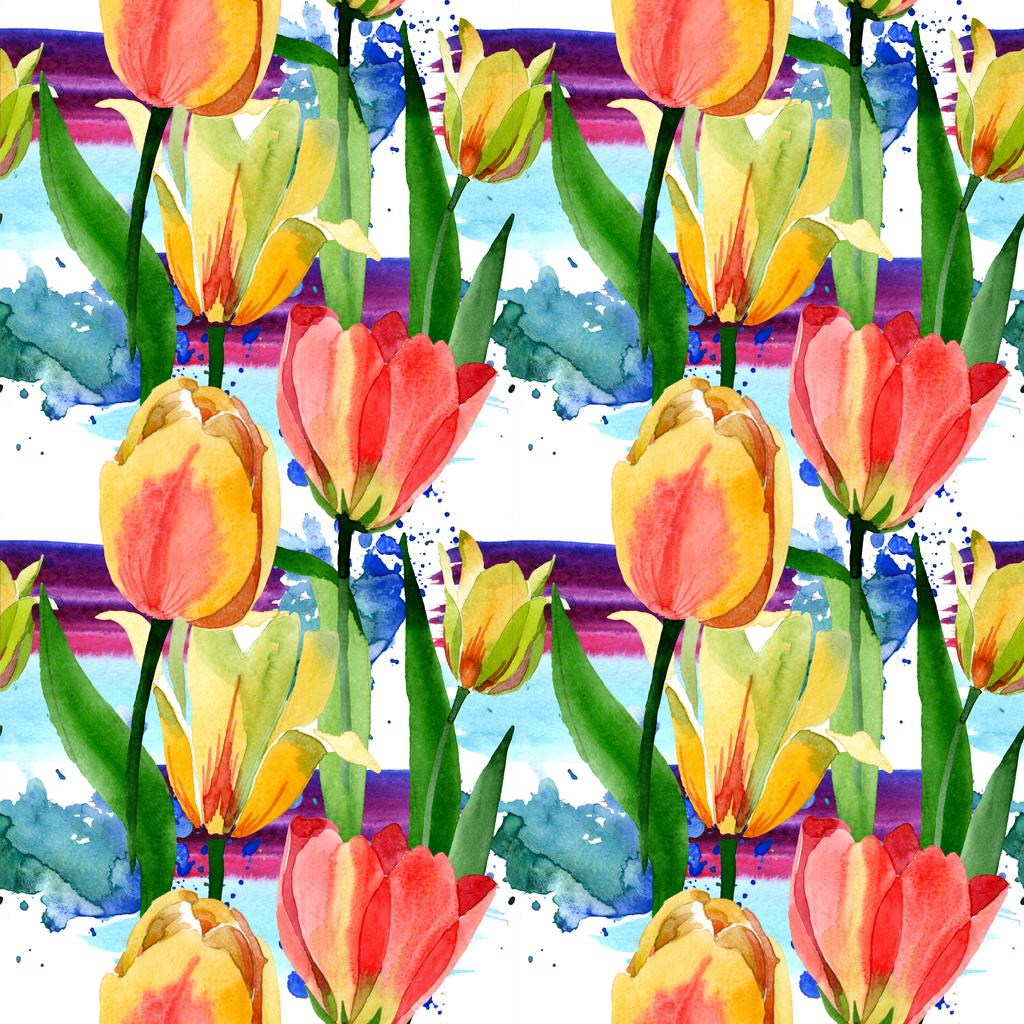 Mooie gele tulpen met groene bladeren op wit wordt geïsoleerd. Aquarel achtergrond illustratie. Naadloze achtergrondpatroon. Structuur behang print textuur.  - Foto, afbeelding