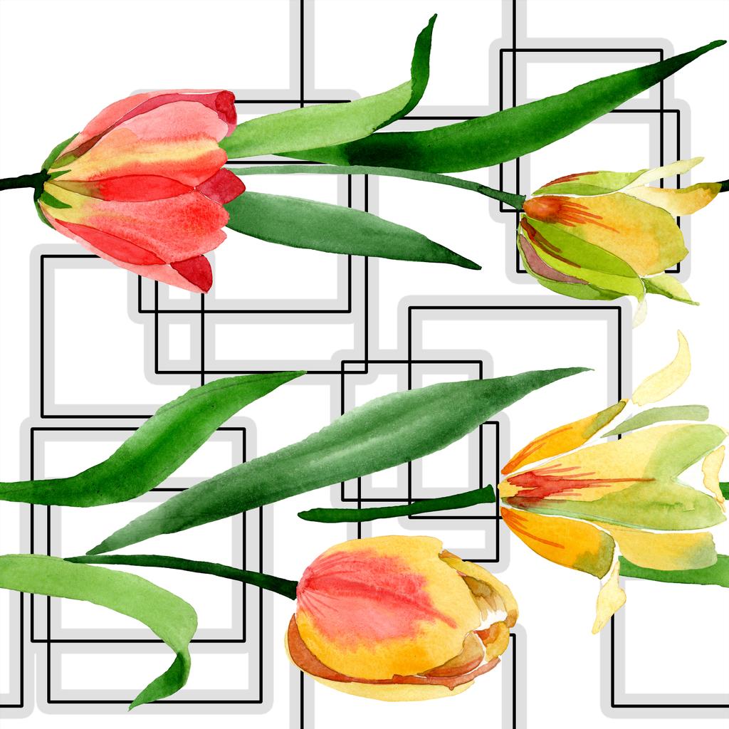 Sárga tulipánok elszigetelt fehér, zöld levelekkel. Akvarell háttér illusztráció. Varratmentes háttérben minta. Anyagot a nyomtatási textúrát.  - Fotó, kép