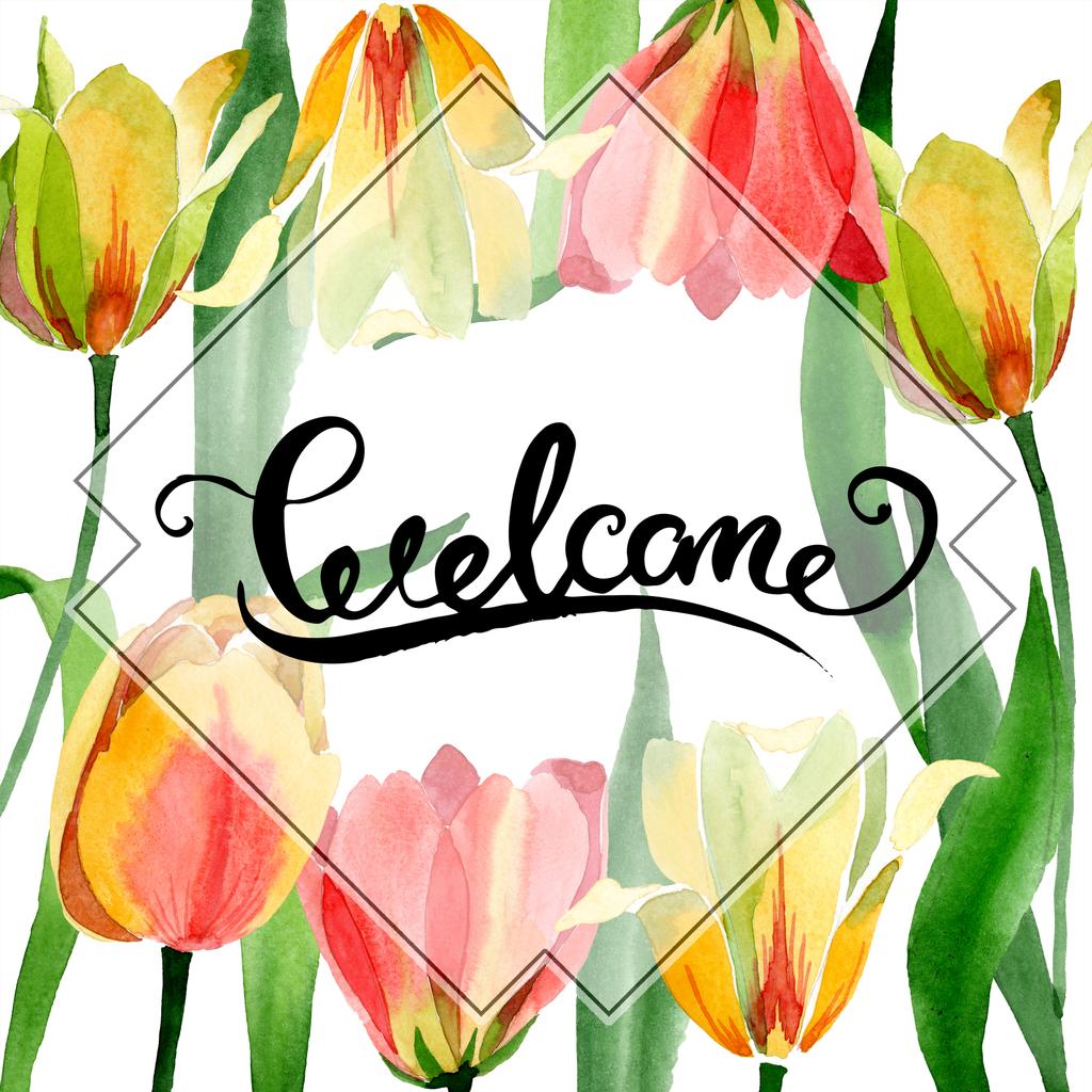 Hermosos tulipanes amarillos con hojas verdes aisladas en blanco. Ilustración de fondo acuarela. Caligrafía de bienvenida
. - Foto, imagen