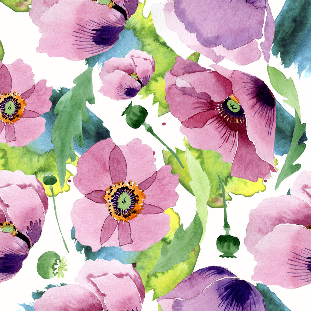 美しいブルゴーニュ ケシの花 水彩画背景イラスト シームレスな背景パターン 壁紙印刷手触りの生地 ロイヤリティフリー写真 画像素材