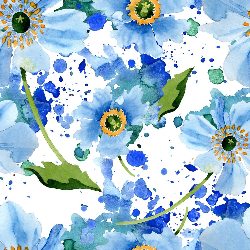 Beautiful blue poppy flowers with green leaves isolated on white. Watercolor background illustration. Watercolour aquarelle. Seamless background pattern. Fabric wallpaper print texture. - Photo, Image