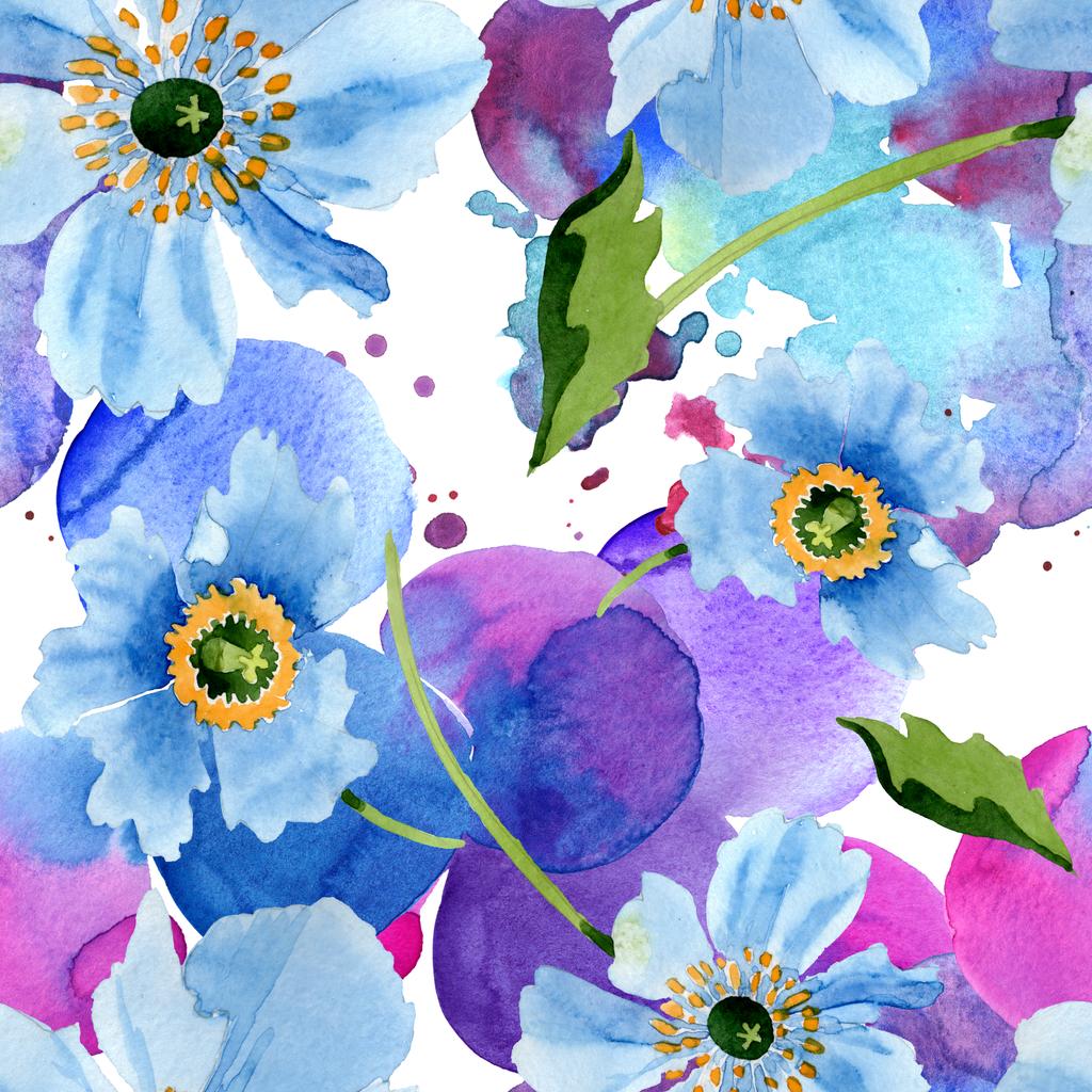 Lindas flores de papoula azul com folhas verdes isoladas em branco. ilustração fundo aquarela. Aquarelle aquarelle aquarela. Padrão de fundo sem costura. Tecido papel de parede impressão textura
. - Foto, Imagem