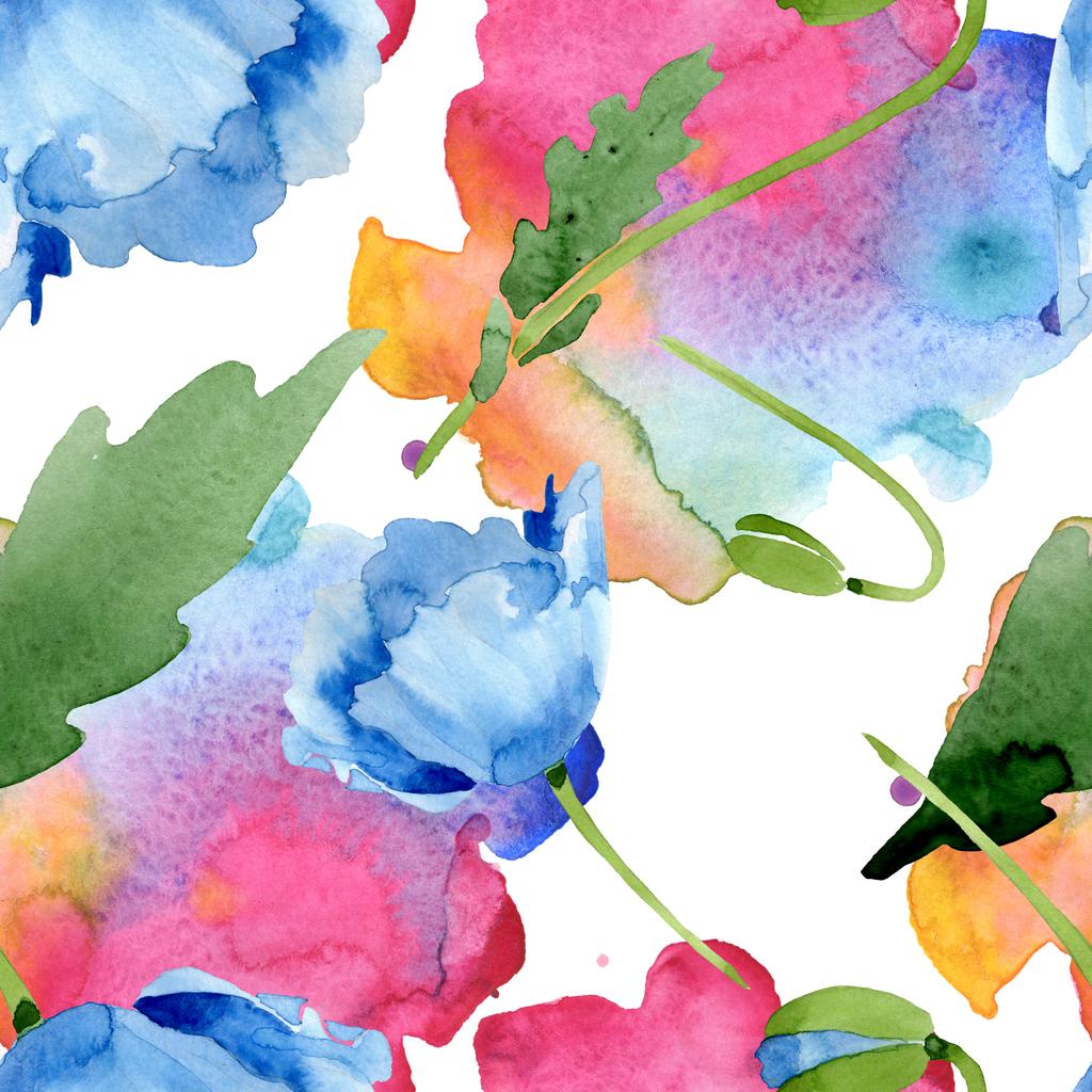Lindas flores de papoula azul com folhas verdes isoladas em branco. ilustração fundo aquarela. Aquarelle aquarelle aquarela. Padrão de fundo sem costura. Tecido papel de parede impressão textura
. - Foto, Imagem