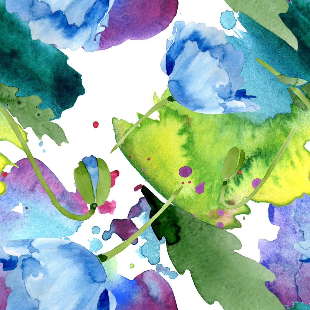 美しい白で隔離緑の葉と青いけしの花。水彩画背景イラスト。水彩 aquarelle。シームレスな背景パターン。壁紙印刷手触りの生地. - 写真・画像
