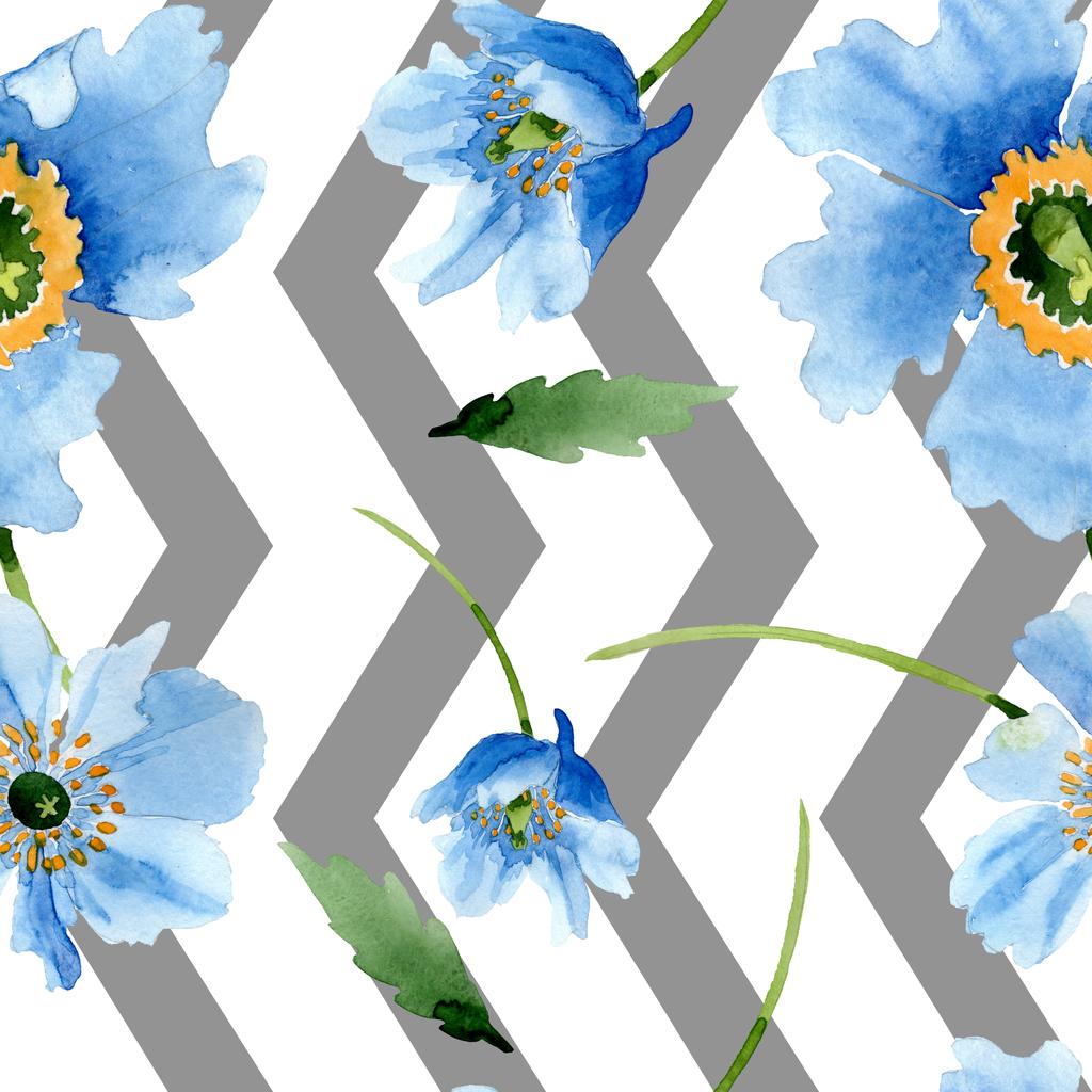 Hermosas flores de amapola azul con hojas verdes aisladas en blanco. Ilustración de fondo acuarela. Acuarela acuarela. Patrón de fondo sin costuras. Textura de impresión de papel pintado de tela
. - Foto, Imagen