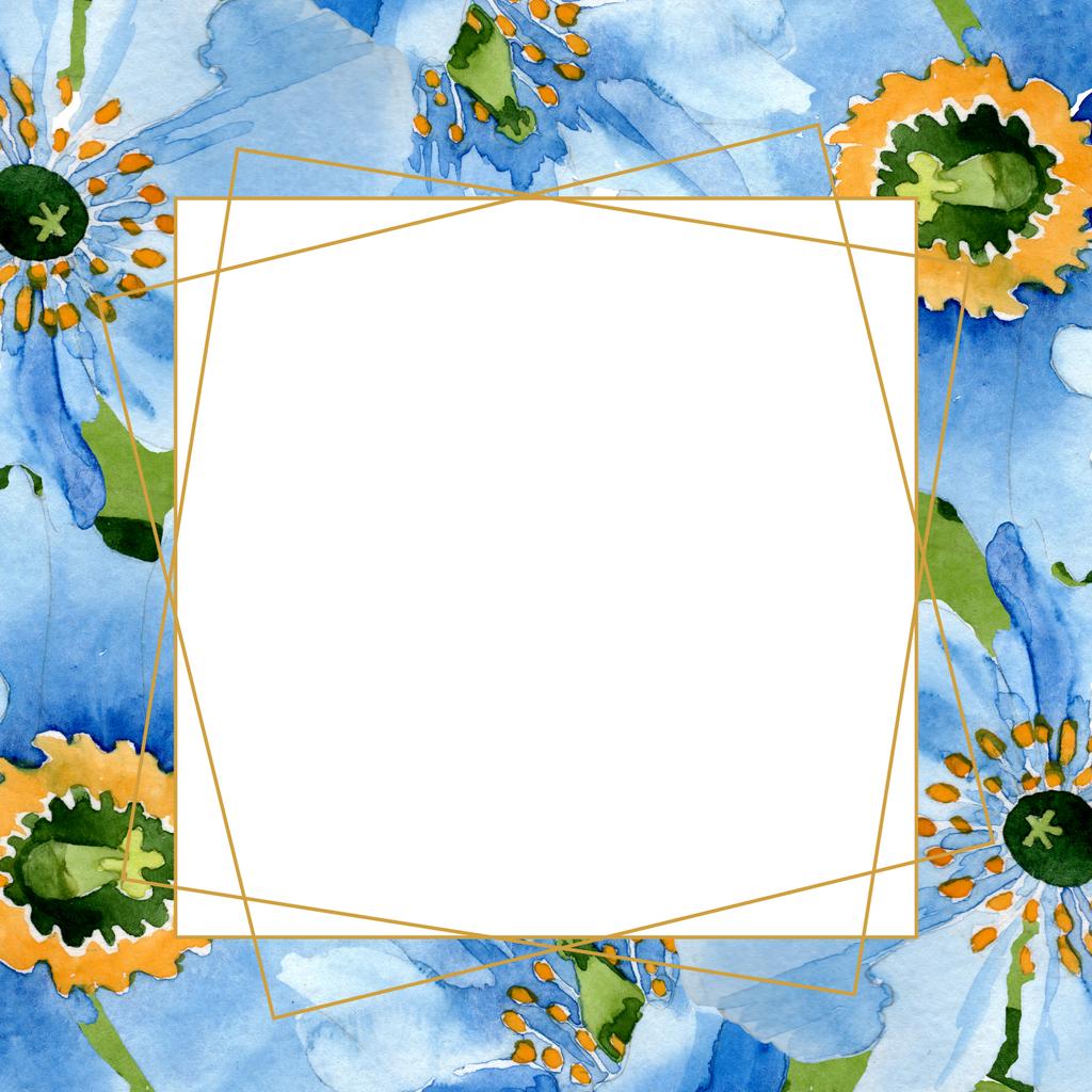 Mooie blauwe klaproos bloemen met groene bladeren op wit wordt geïsoleerd. Aquarel achtergrond illustratie. Aquarel tekenen mode aquarelle. Frame grens sieraad kristal. - Foto, afbeelding