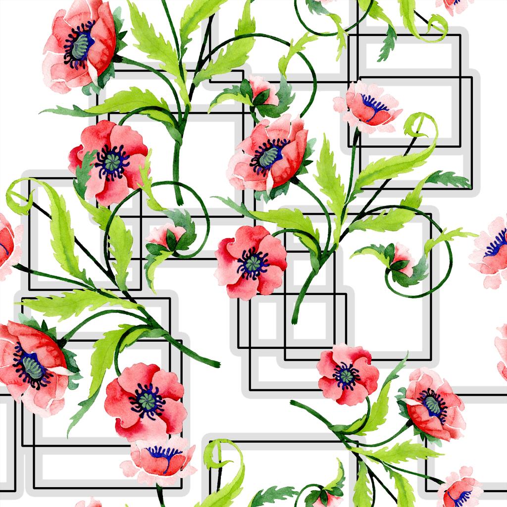 美しい赤いケシの花や葉の飾り。水彩画背景イラスト。シームレスな背景パターン。壁紙印刷手触りの生地. - 写真・画像