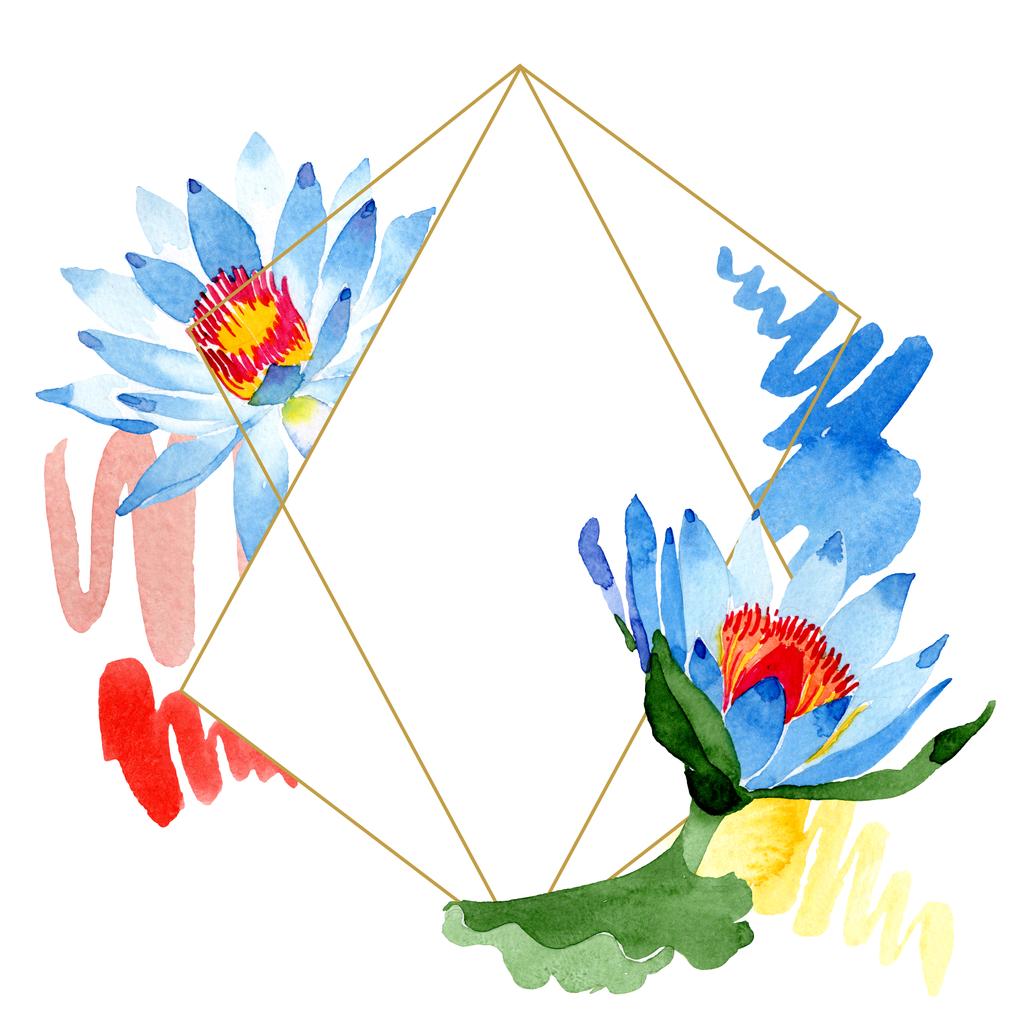 Mooie blauwe lotusbloemen op wit wordt geïsoleerd. Aquarel achtergrond illustratie. Aquarel aquarelle. Frame grens sieraad. Crystal diamond rock sieraden minerale. - Foto, afbeelding