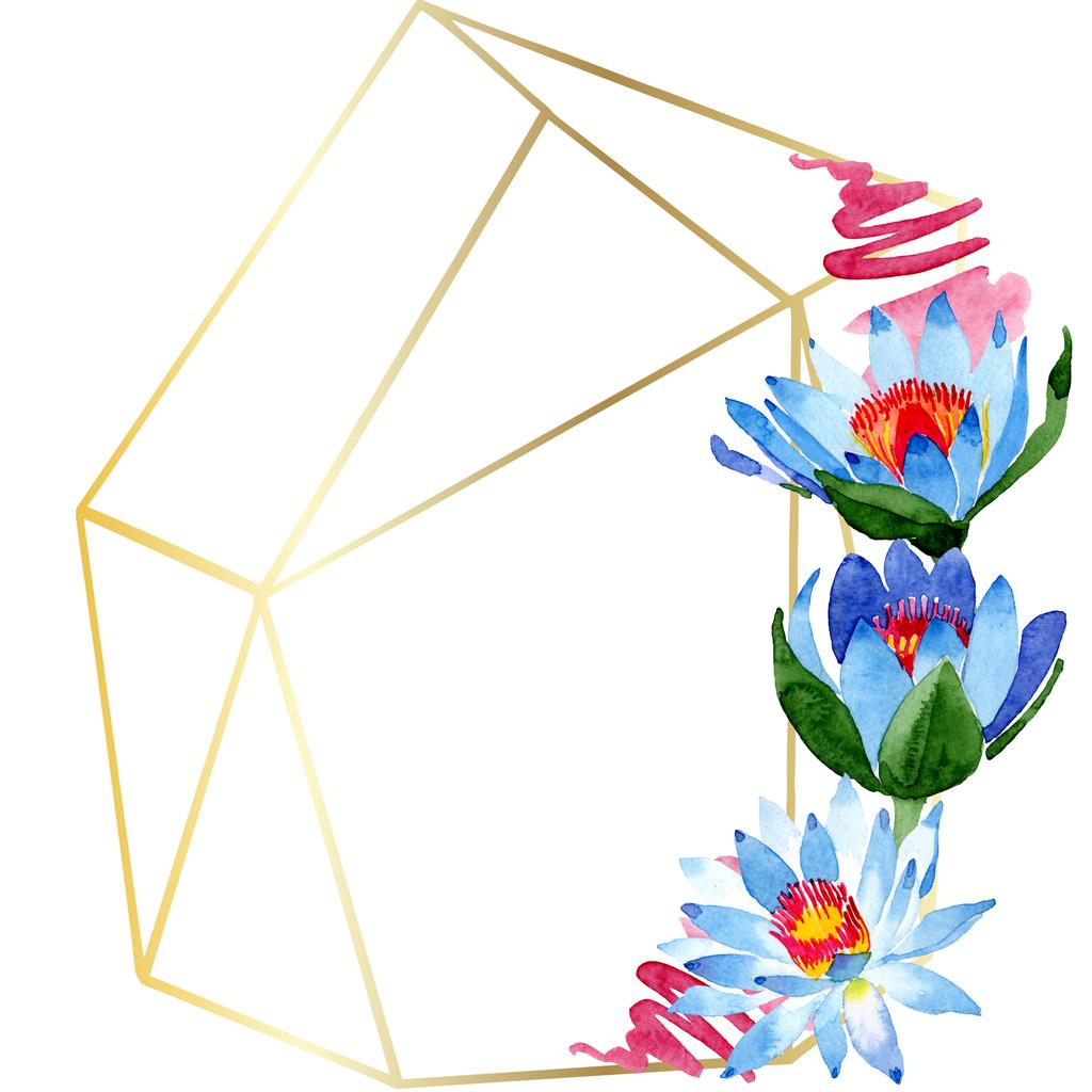 Mooie blauwe lotusbloemen op wit wordt geïsoleerd. Aquarel achtergrond illustratie. Aquarel aquarelle. Frame grens sieraad. Crystal diamond rock sieraden minerale. - Foto, afbeelding