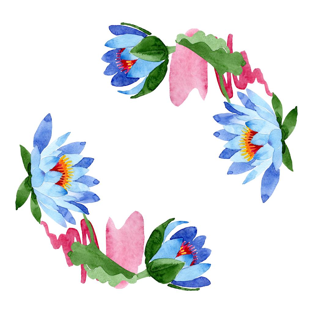 Красивые голубые цветы лотоса изолированы на белом. Акварельная фоновая иллюстрация. Акварель для рисования акварелью. Граничный орнамент
. - Фото, изображение