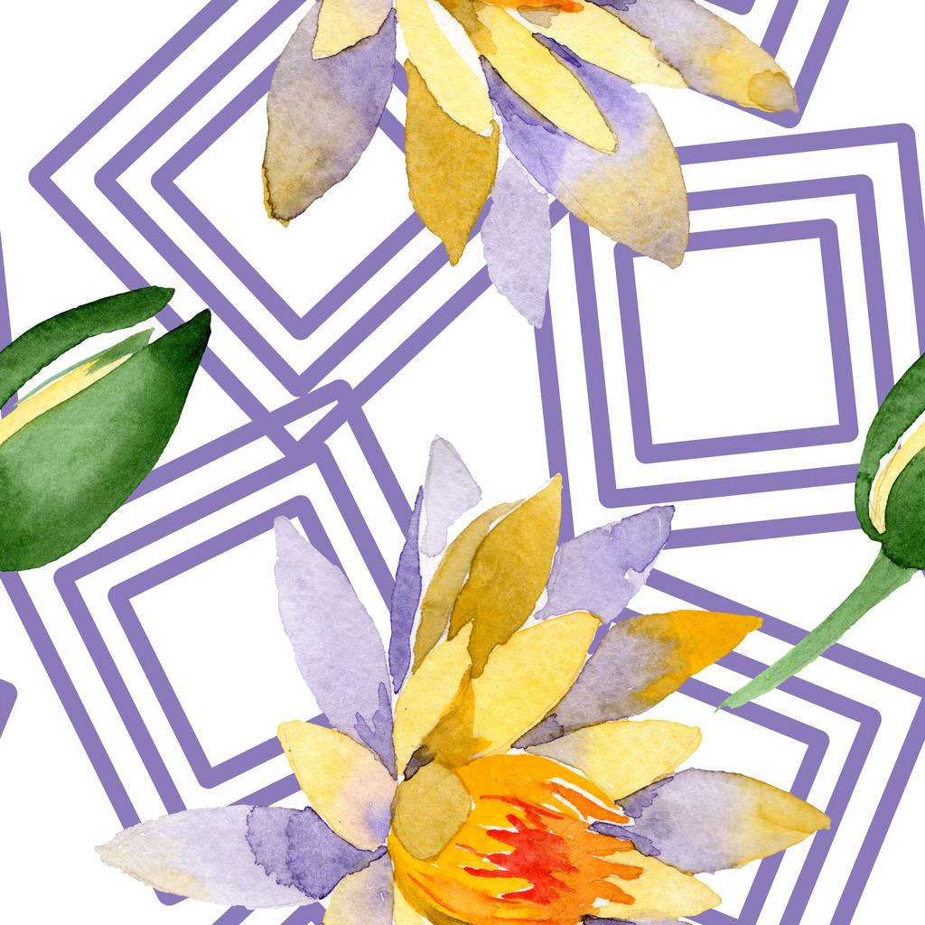 Hermosas flores de loto amarillo aisladas en blanco. Ilustración de fondo acuarela. Acuarela dibujo moda aquarelle. Patrón de fondo sin costuras
. - Foto, Imagen