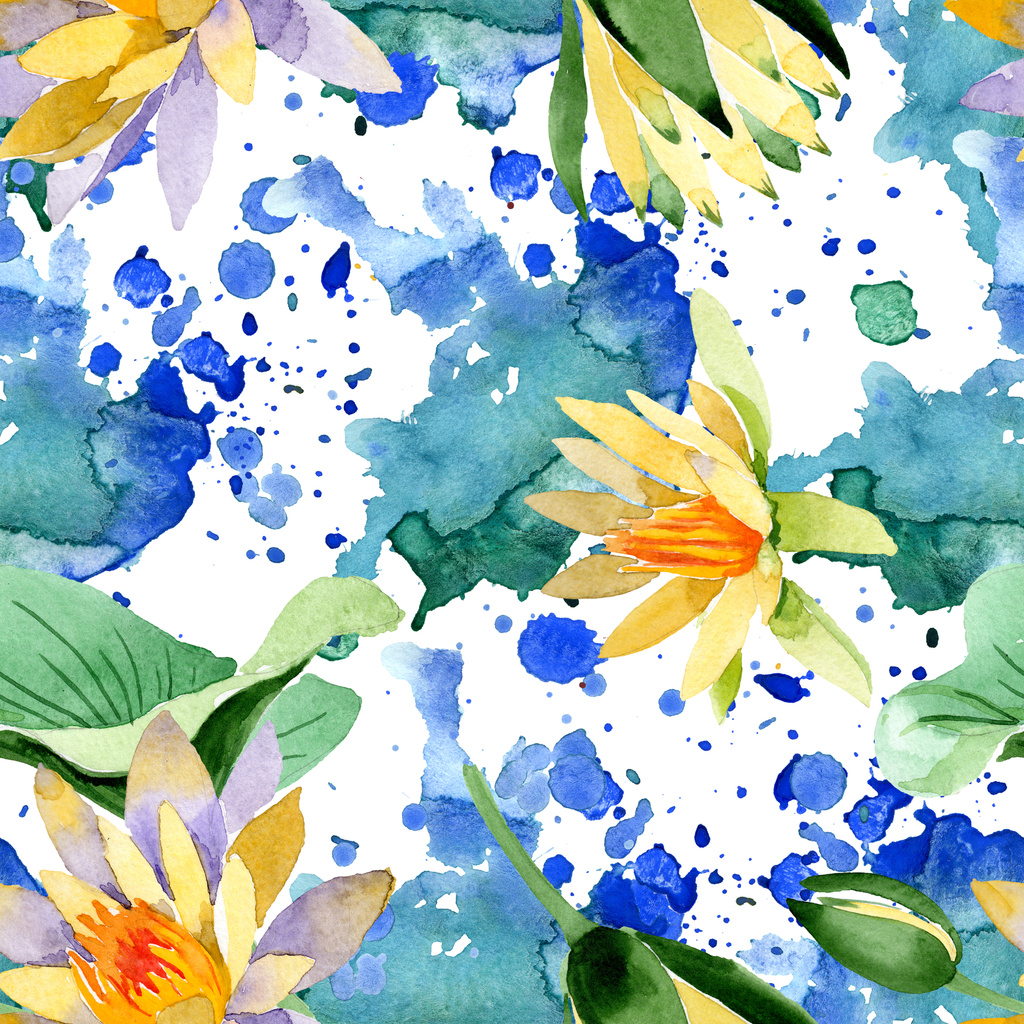 Mooie gele lotusbloemen geïsoleerd op wit. Aquarel achtergrond illustratie. Aquarel tekenen mode aquarelle. Naadloze achtergrondpatroon. - Foto, afbeelding
