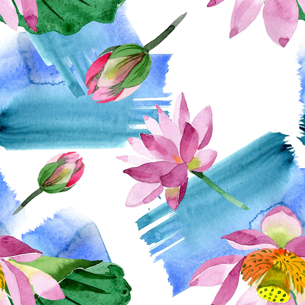 美しい紫の蓮の花は 白で隔離 水彩画背景イラスト 水彩 Aquarelle シームレスな背景パターン 壁紙印刷手触りの生地 ロイヤリティフリー写真 画像素材