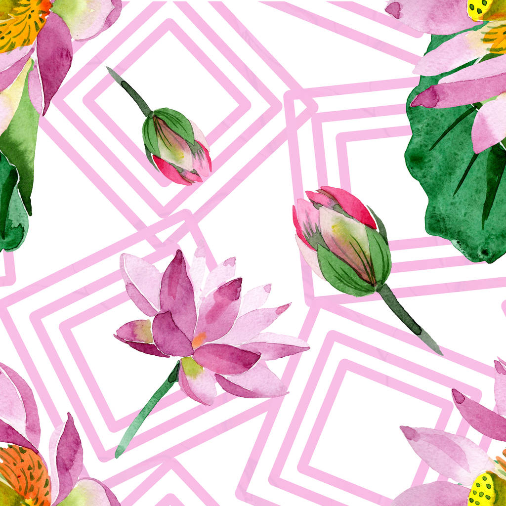 Mooie paarse lotusbloemen op wit wordt geïsoleerd. Aquarel achtergrond illustratie. Aquarel aquarelle. Naadloze achtergrondpatroon. Structuur behang print textuur - Foto, afbeelding