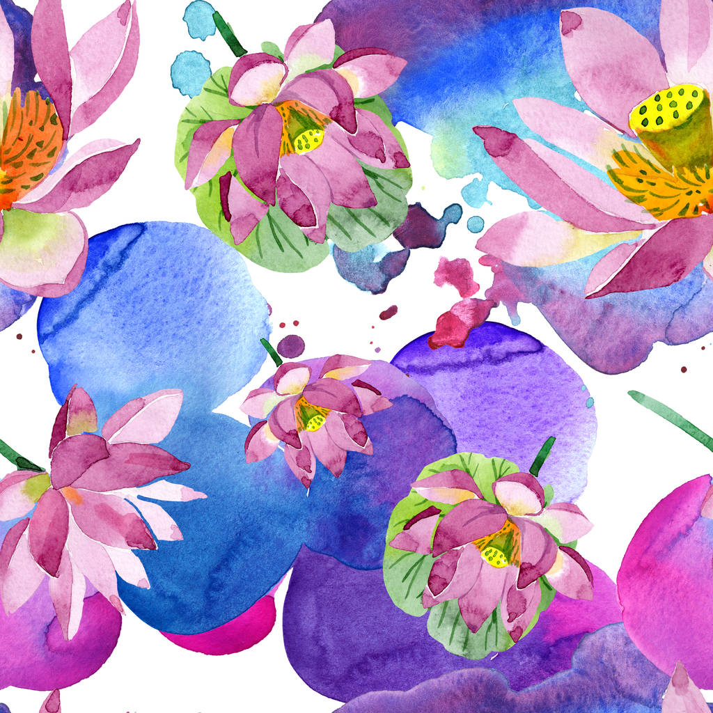 Hermosas flores de loto púrpura aisladas en blanco. Ilustración de fondo acuarela. Acuarela acuarela. Patrón de fondo sin costuras. Textura de impresión de papel pintado de tela
 - Foto, Imagen