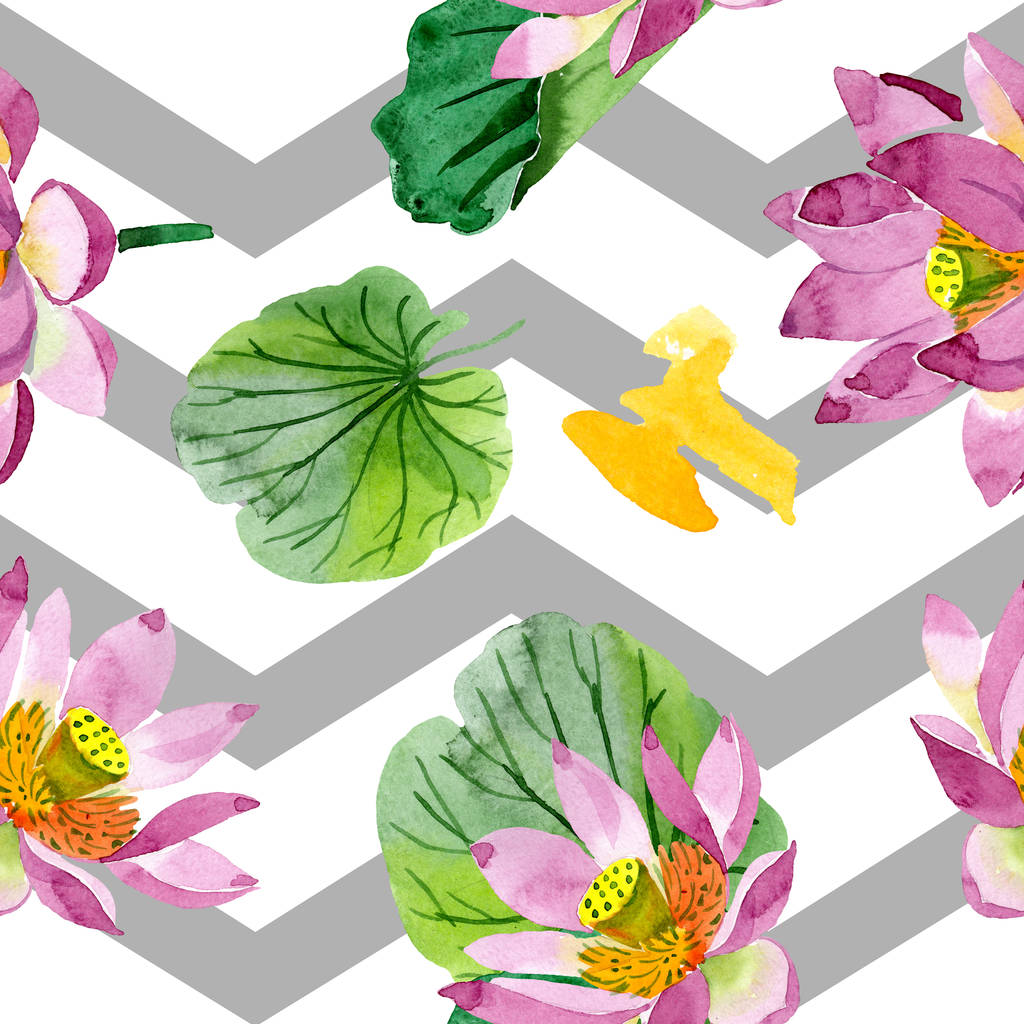 Piękna fioletowa Lotos kwiaty na białym tle. Ilustracji tle akwarela. Aquarelle akwarela. Bezszwowe tło wzór. Tkanina tapeta tekstura wydruku - Zdjęcie, obraz