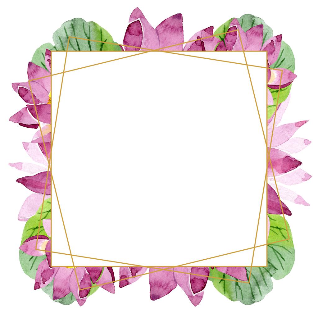 Όμορφο μοβ lotus λουλούδια απομονωμένα σε λευκό. Ακουαρέλα φόντο εικόνα. Ακουαρέλα σχεδίασης μόδας ακουαρέλα. Πλαίσιο συνόρων στολίδι κρύσταλλο. - Φωτογραφία, εικόνα