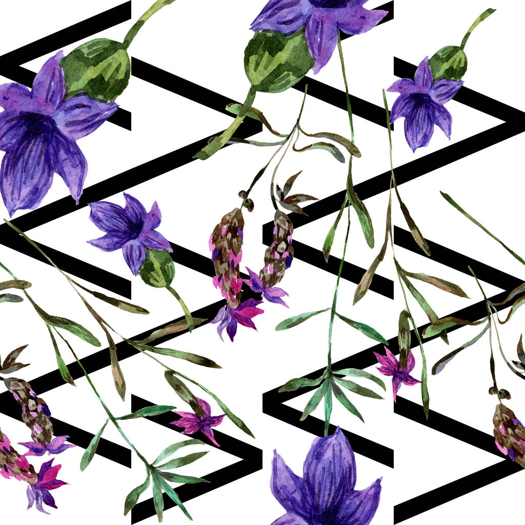Mooie paarse lavendel bloemen geïsoleerd op wit. Aquarel achtergrond illustratie. Aquarel tekenen mode aquarelle. Naadloze achtergrondpatroon. - Foto, afbeelding