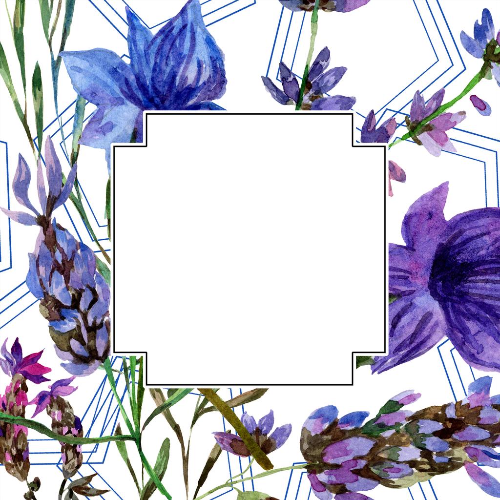 美しい紫色のラベンダーの花は白で隔離 水彩画背景イラスト 水彩描画ファッション Aquarelle フレーム枠飾り ロイヤリティフリー写真 画像素材