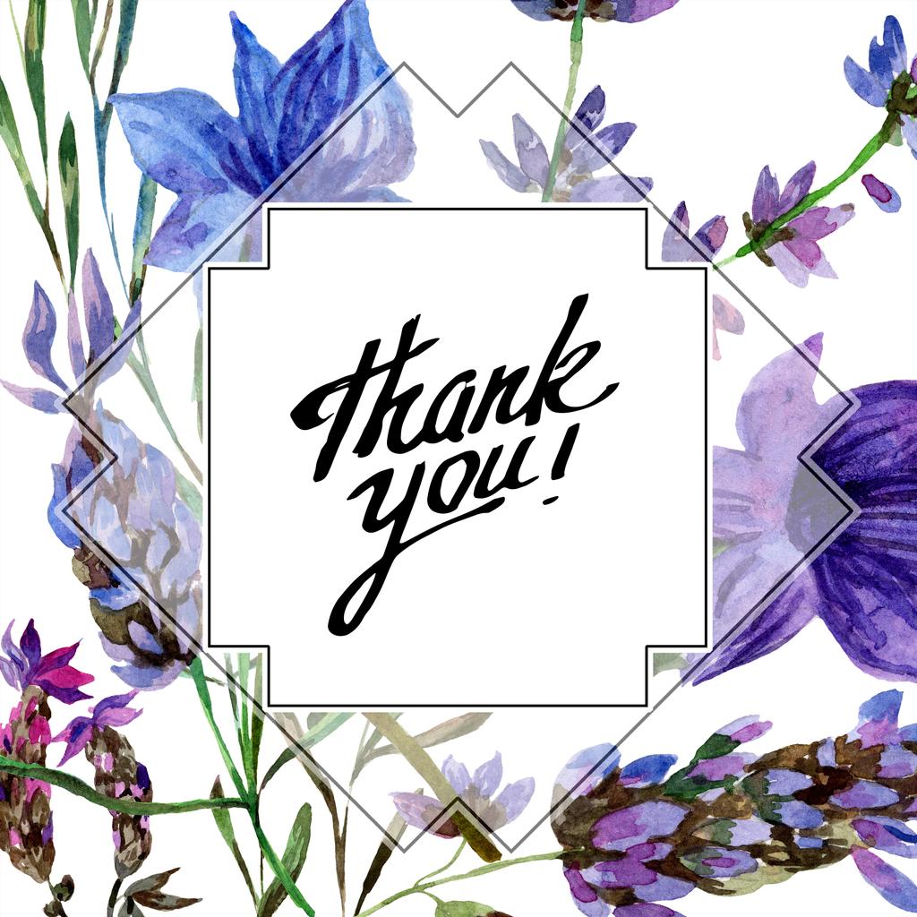 Beautiful purple lavender flowers isolated on white. Watercolor background illustration. Watercolour drawing fashion aquarelle. Frame border ornament. Thank you inscription - Photo, Image
