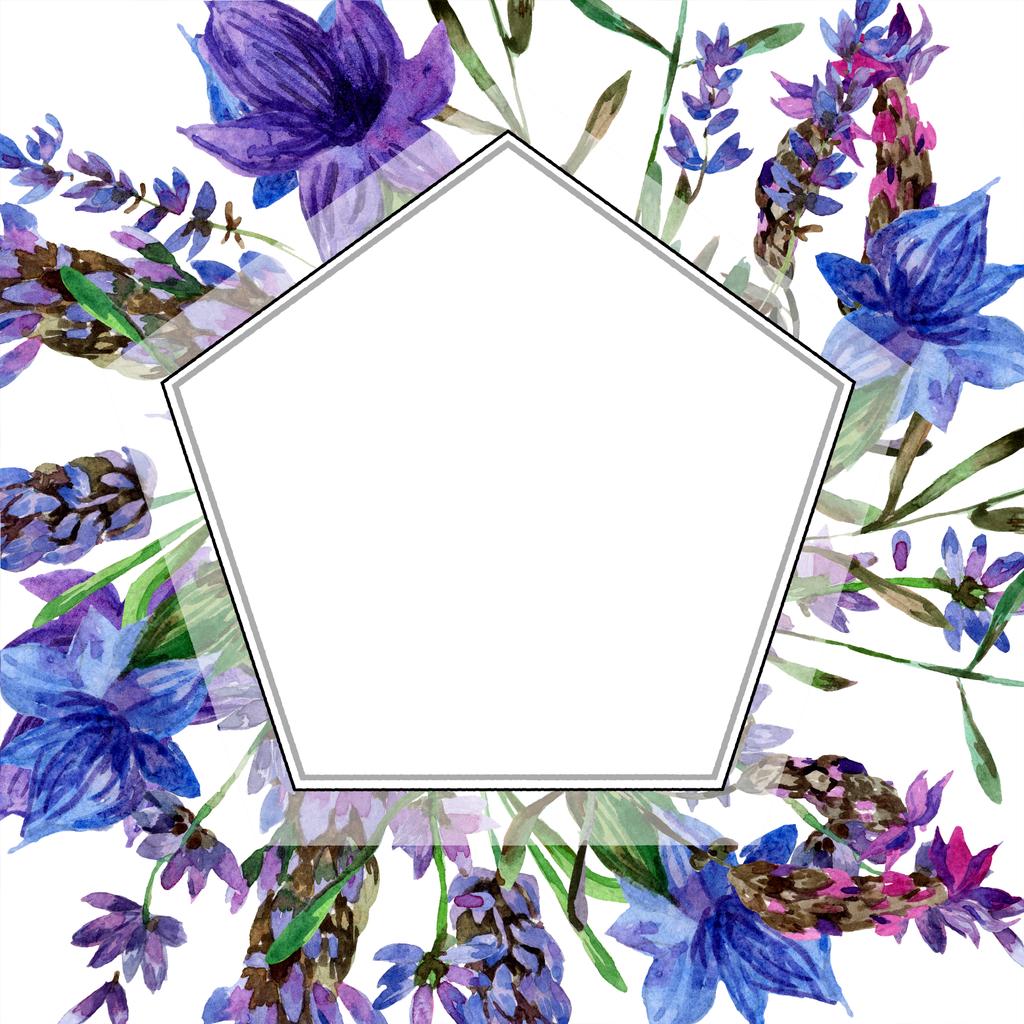Beautiful purple lavender flowers isolated on white. Watercolor background illustration. Watercolour drawing fashion aquarelle. Frame border ornament. - Photo, Image