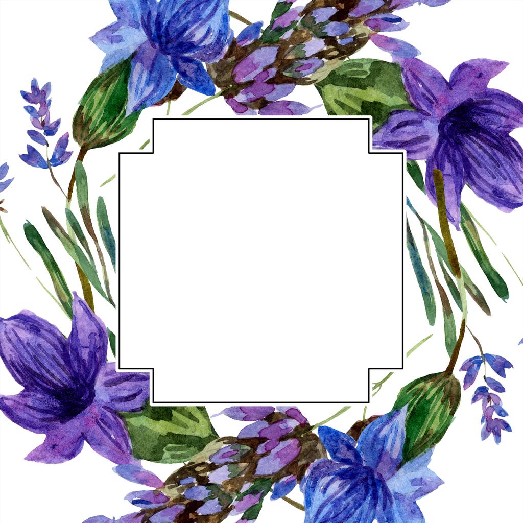 schöne lila Lavendelblüten isoliert auf weiß. Aquarell-Hintergrundillustration. Aquarell zeichnen Mode-Aquarell. Rahmen Bordüre Ornament. - Foto, Bild
