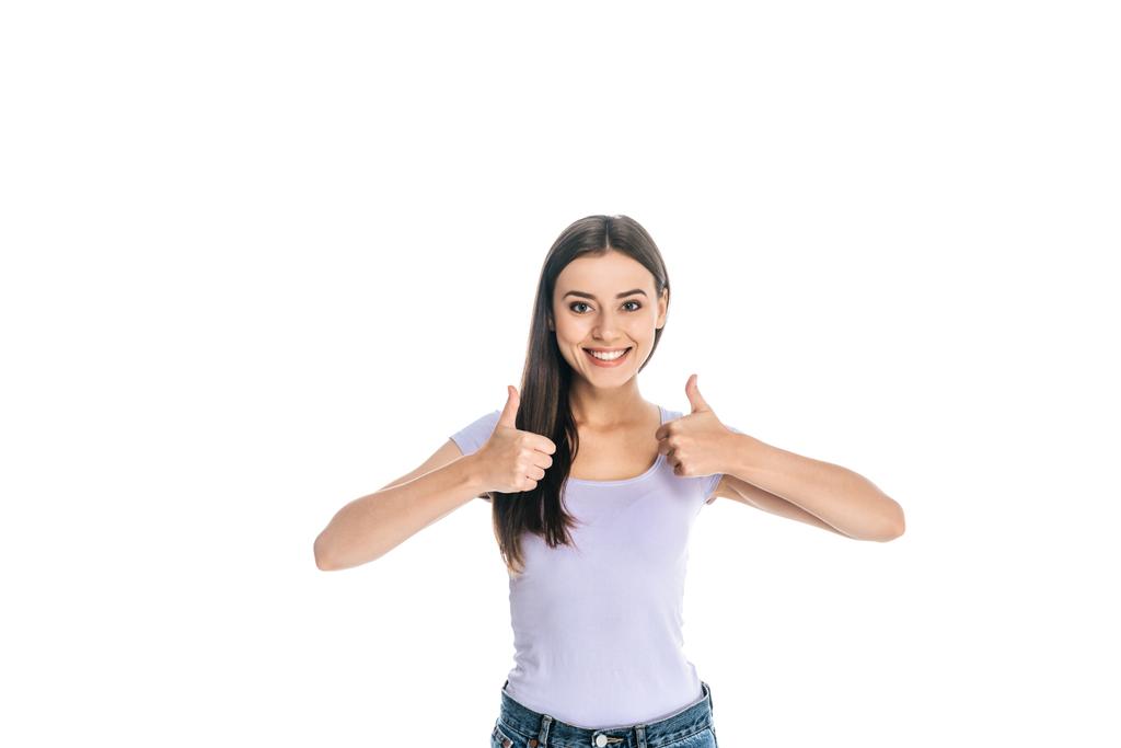 retrato de mulher atraente sorrindo mostrando polegares para cima isolado no branco
 - Foto, Imagem
