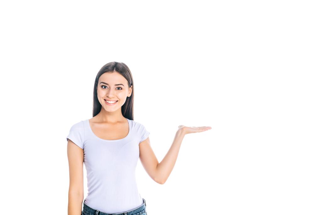 muotokuva positiivinen nainen ojennettu käsi eristetty valkoinen
 - Valokuva, kuva