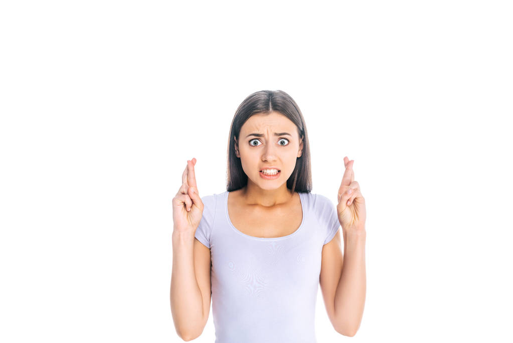 Portret van emotionele vrouw gebaren geïsoleerd op wit - Foto, afbeelding