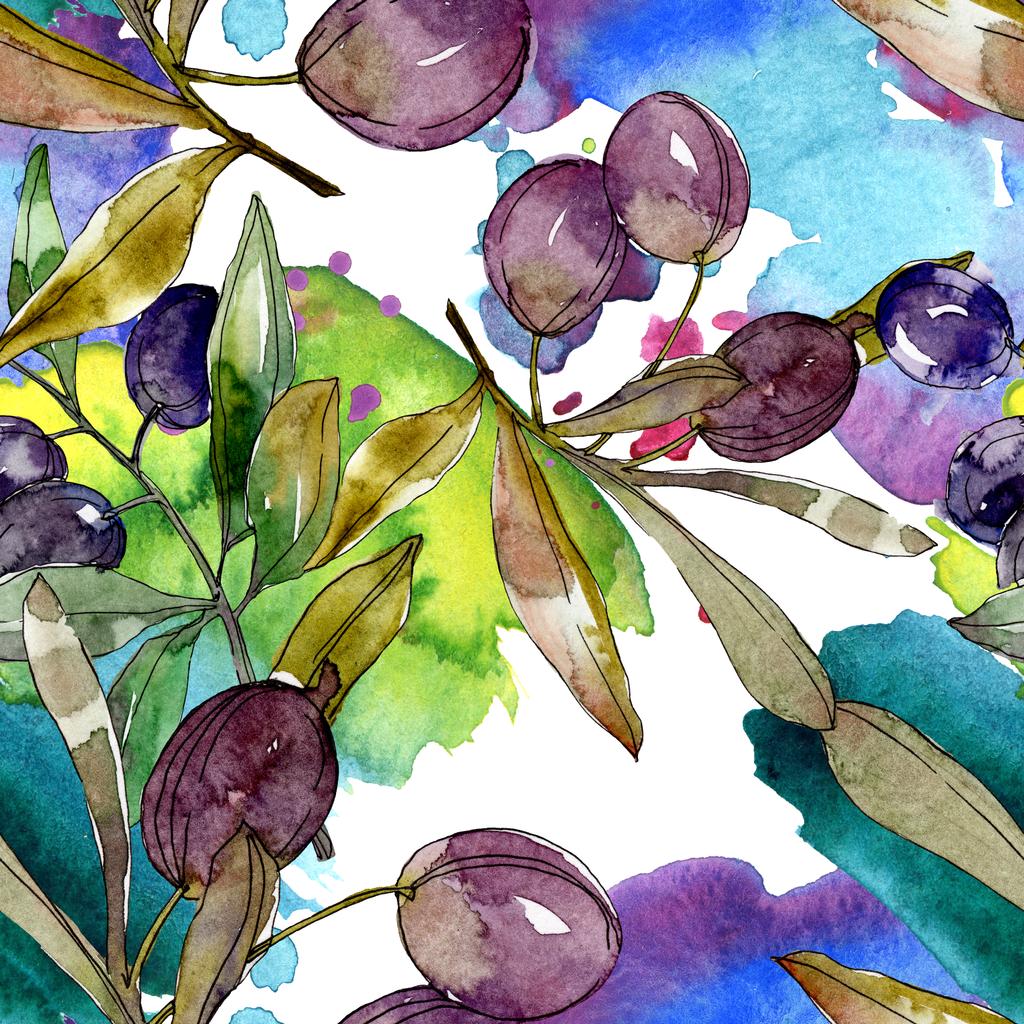 Fekete olajbogyó, ágak, zöld levelekkel. Botanikus kert virágos lombozat. Akvarell háttér illusztráció. Varratmentes háttérben minta. Anyagot a nyomtatási textúrát. - Fotó, kép