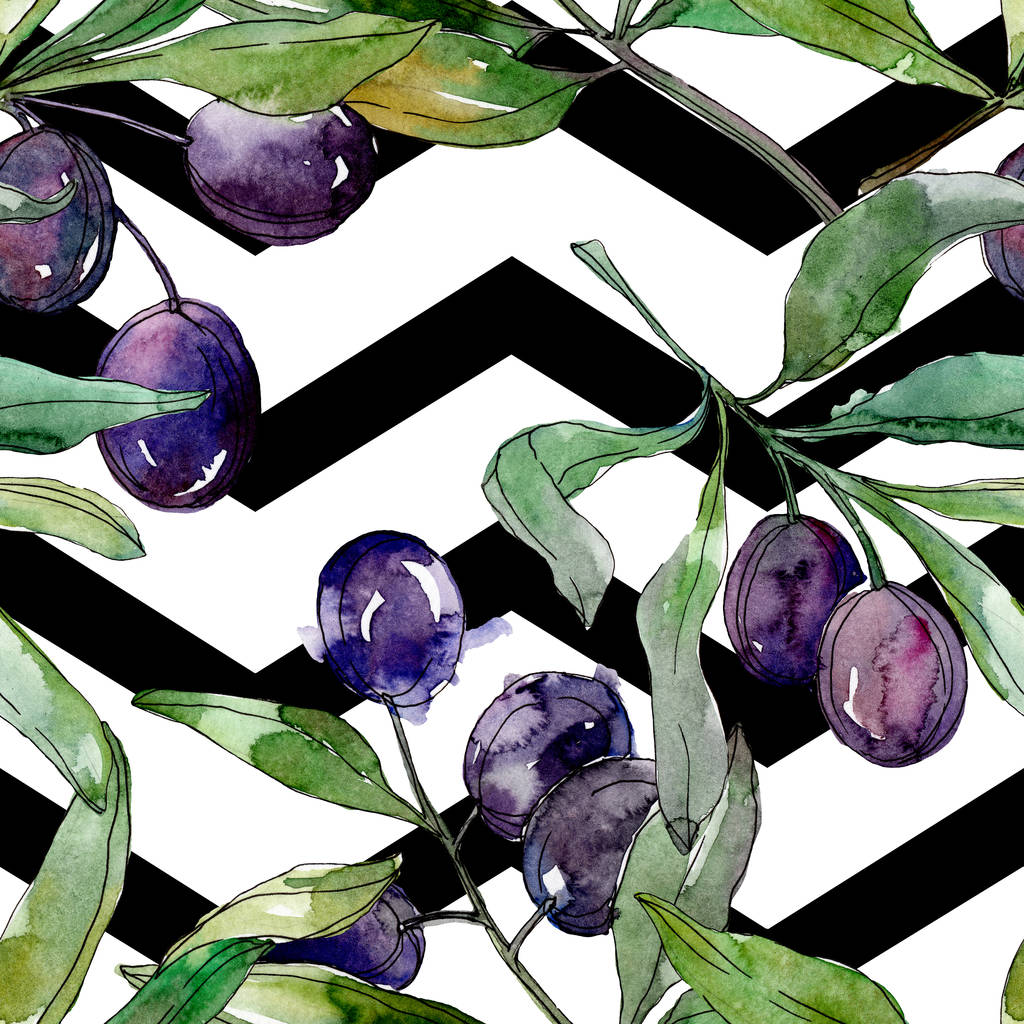 Black olives on branches with green leaves. Botanical garden floral foliage. Watercolor background illustration. Seamless background pattern. Fabric wallpaper print texture. - Photo, Image