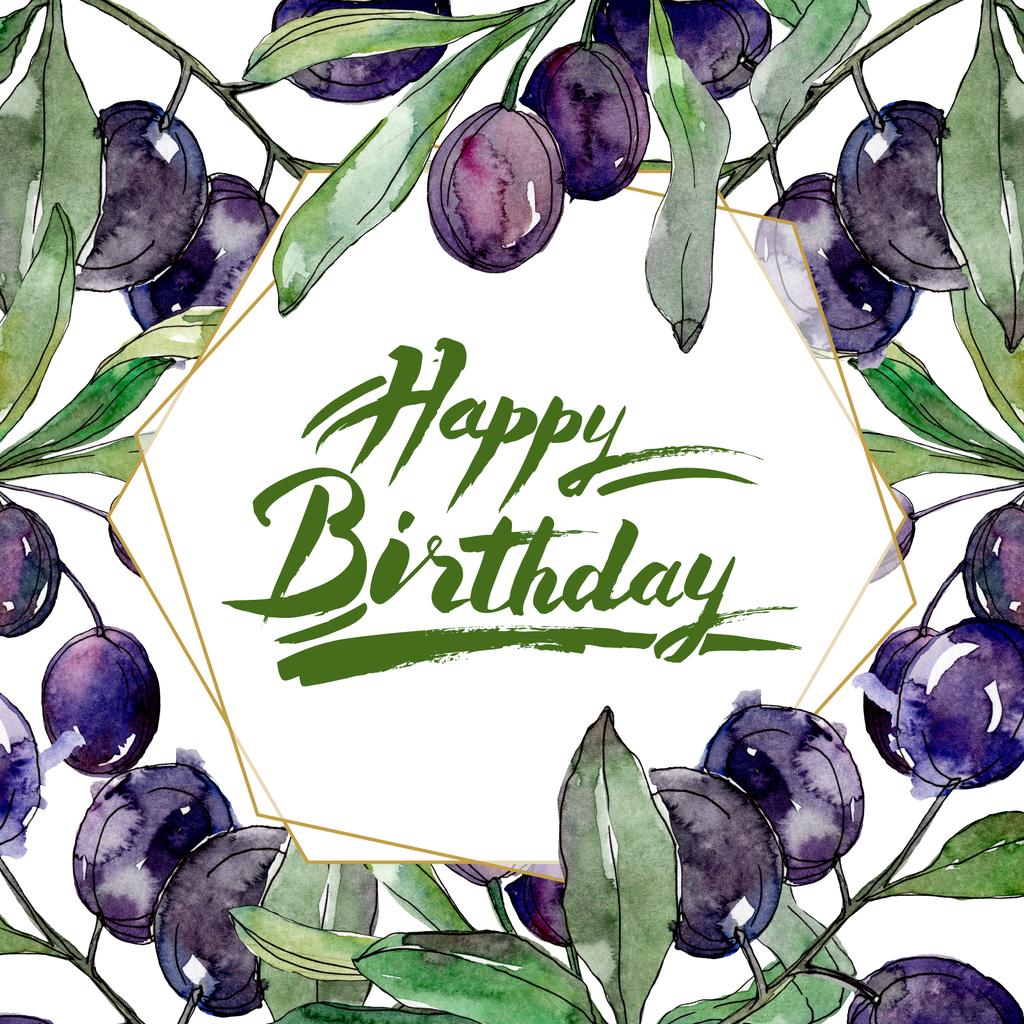 Olives on branches with green leaves. Botanical garden floral foliage. Watercolor illustration on white background. Frame golden crystal. Happy Birthday handwriting monogram calligraphy. - Photo, Image